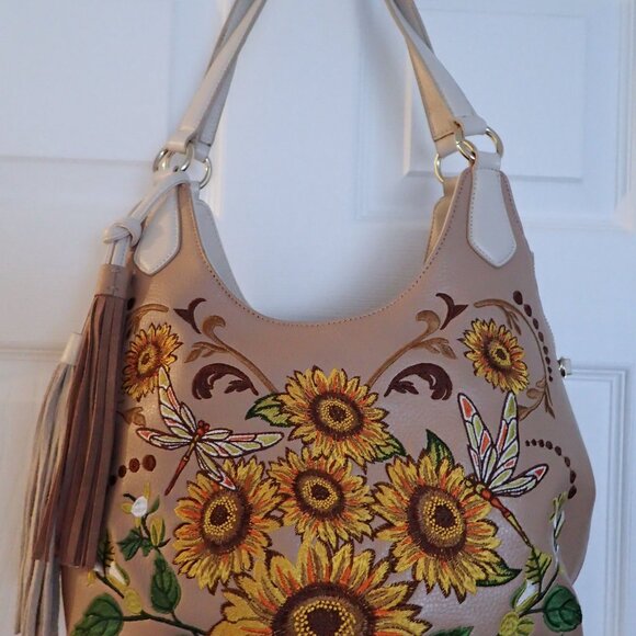 Shariff 1827 Designer Leather & Sunflower Embroidered Shoulder Bag - Picture 2 of 13